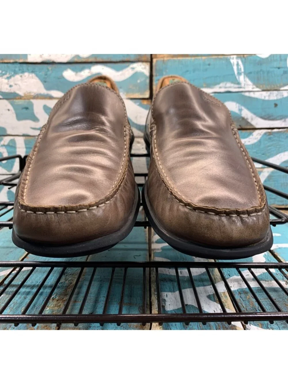 ECCO Driving Loafers Moc Toe Brown Leather Black Slip-On Mens 44/10-10.5 EUC
